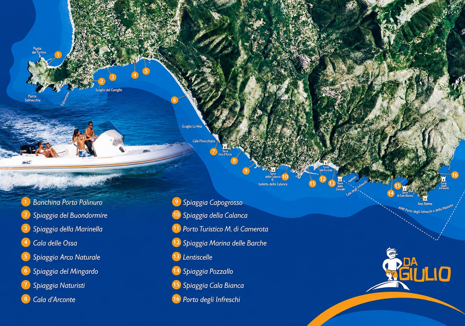 Mappa della costa da Porto Palinuro al Porto degli Infreschi con sedici tappe numerate